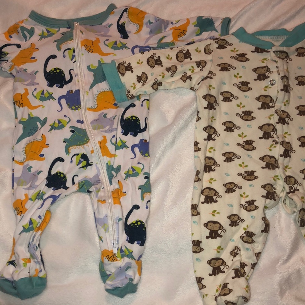 Dinosaurs and monkey footie pajamas